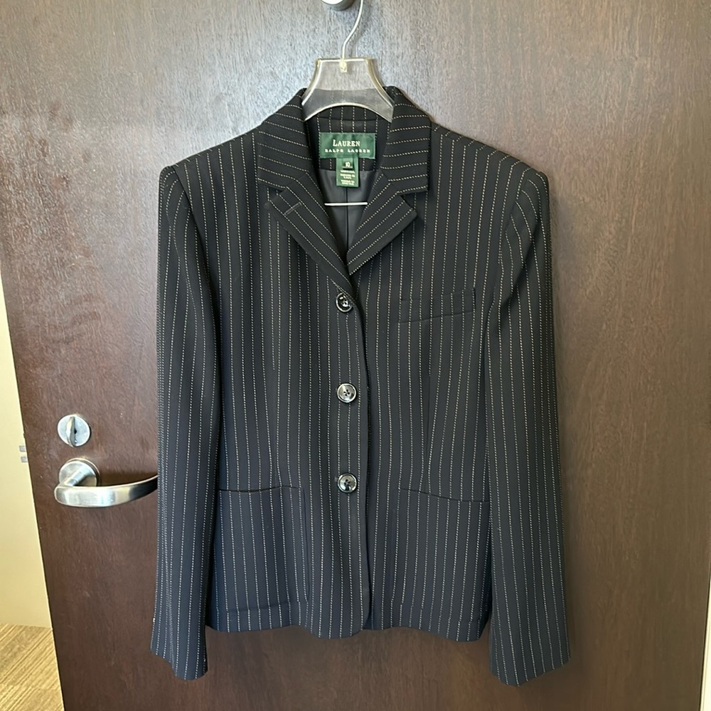 Classic Ralph Lauren 3 button pin stripe navy pantsuit.  Jacket 10, pants 8